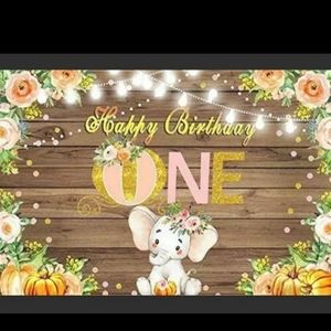1st Birthday Girl Elephant Theme Backdrop
